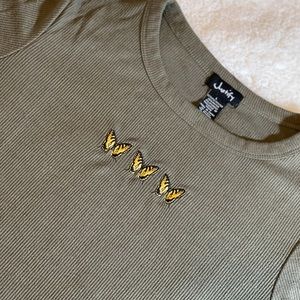 Hunter green top with butterflies size large (junior)